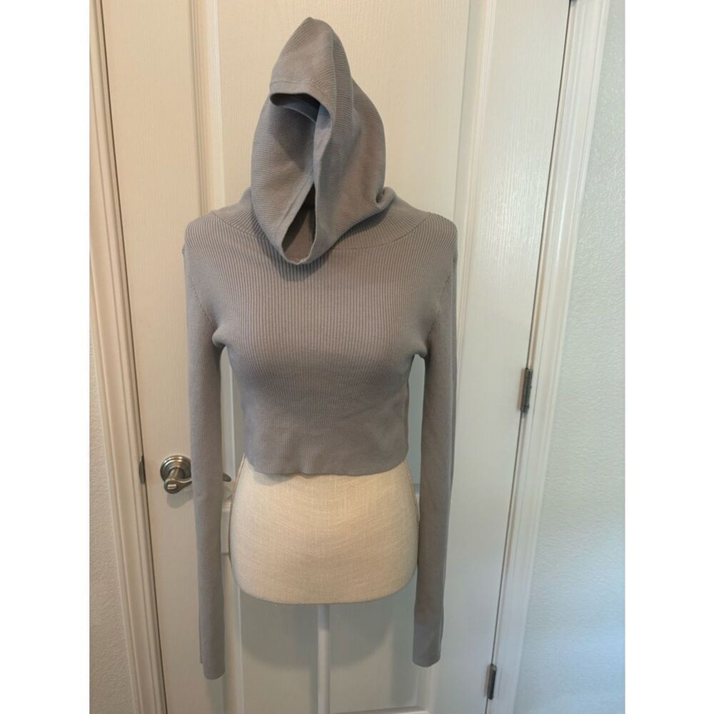 Live The Process Cropped Hooded Ribbed Turtleneck - Light Gray/blue